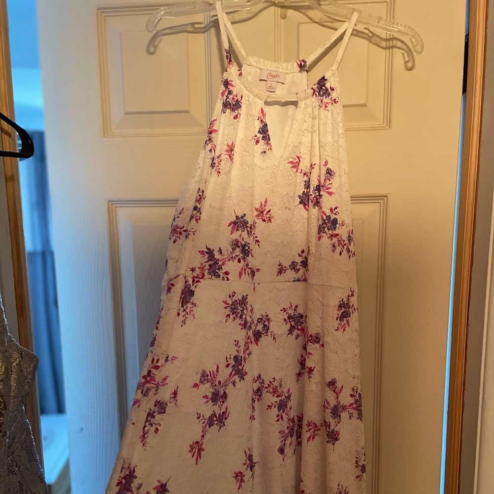 White lace dress with purple and pink flowers. Never worn